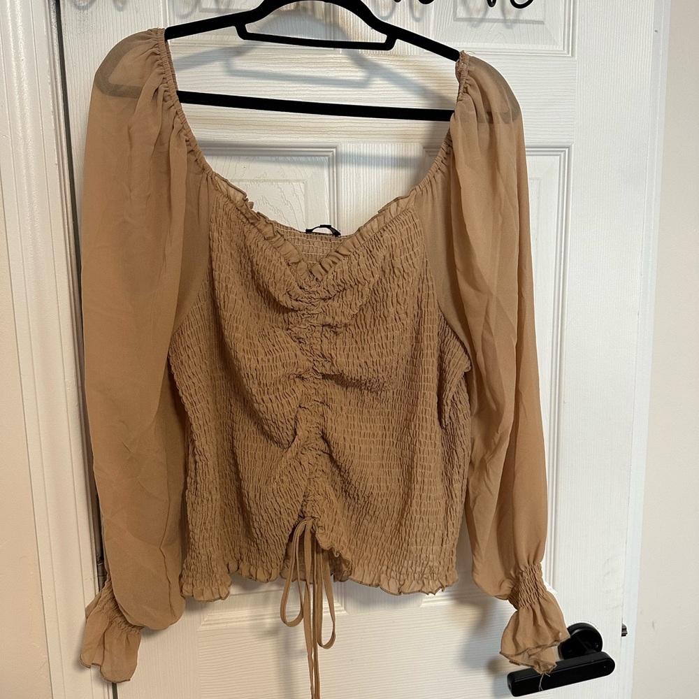 Source Unknown Beige Smocked Blouse with Drawstring